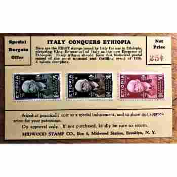Ethiopia 1936 Victor Emmanuel Sc# N1-N3 unused on Midwood Stamp Card Brooklyn NY