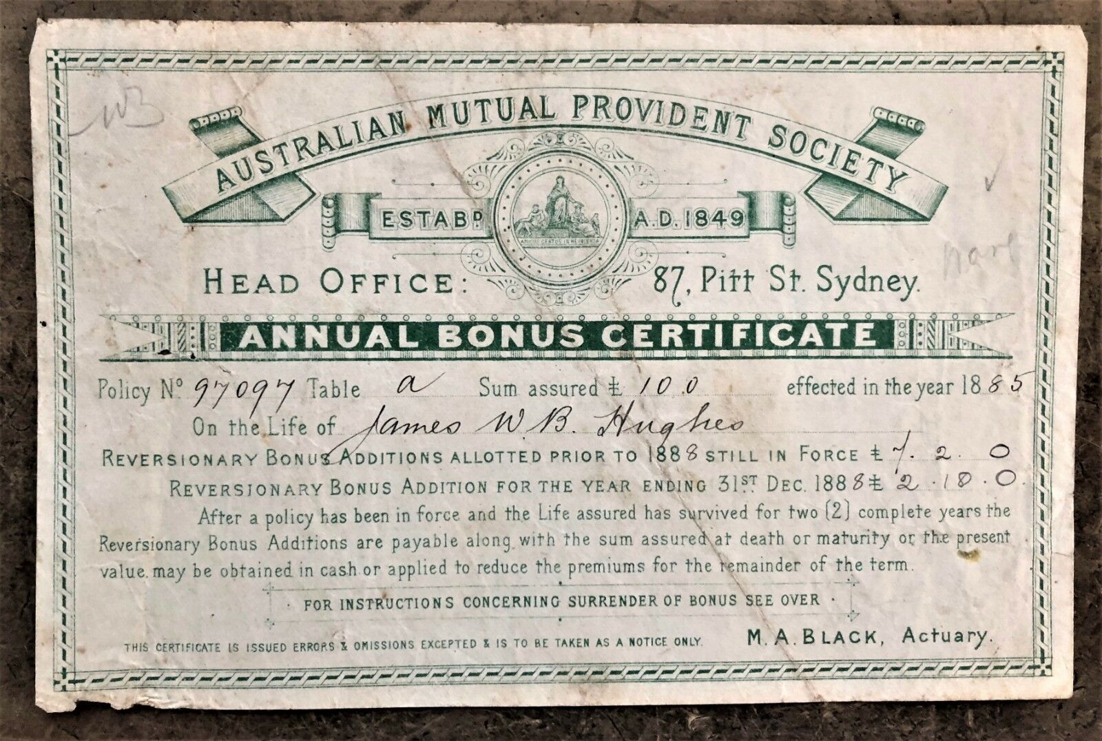 AUSTRALIAN MUTUAL PROVIDENT SOCIETY (NOW AMP) 1885 ANNUAL BONUS on WATERMARKED