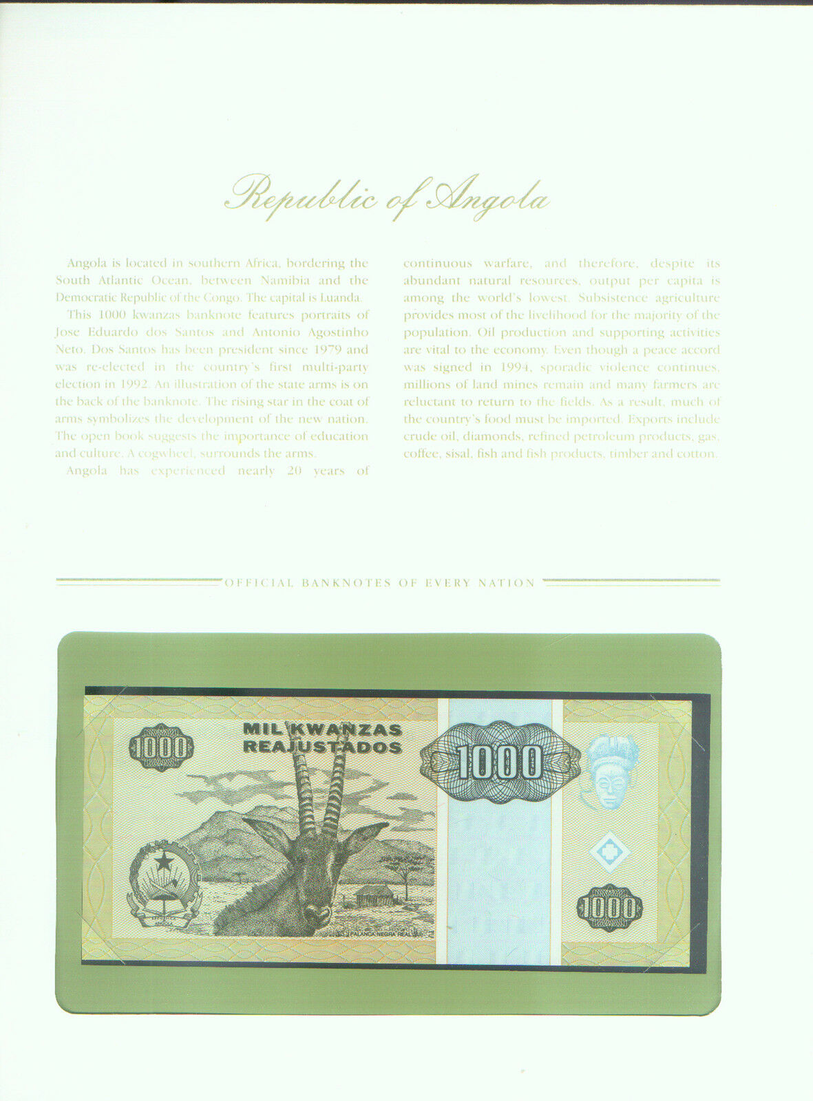 ANGOLA BANK NOTE 1000 KWANZAS of 1995 STAMPED WINDOWED ENVELOPE with MAP & INFO
