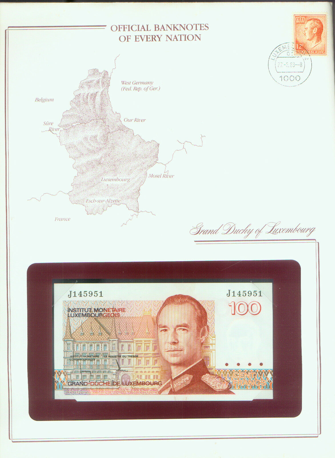 LUXEMBOURG LAST PRE EURO  NOTE 100 Fr STAMPED WINDOWED ENVELOPE with MAP & INFO
