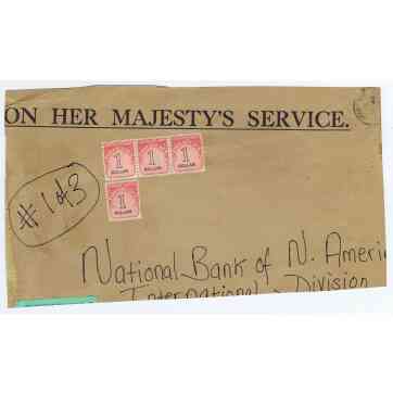 ON HER MAJESTY'S SERVICE USA POSTAGE DUE to NATIONAL BANK of N. AMERICA from BVI