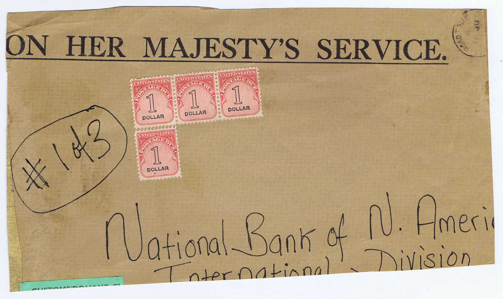 ON HER MAJESTY'S SERVICE USA POSTAGE DUE to NATIONAL BANK of N. AMERICA from BVI