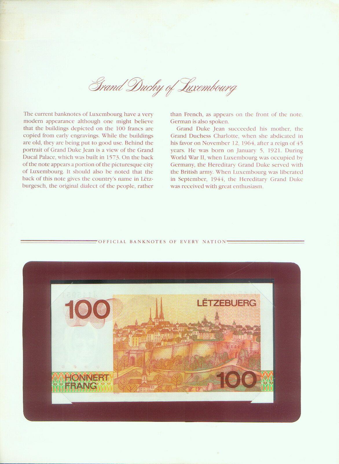 LUXEMBOURG LAST PRE EURO  NOTE 100 Fr STAMPED WINDOWED ENVELOPE with MAP & INFO