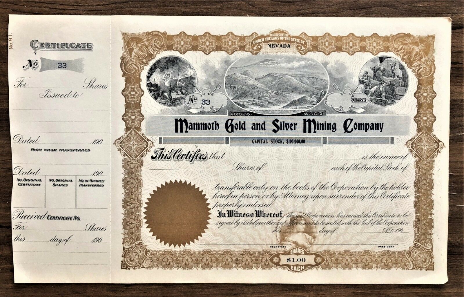 MAMMOTH GOLD & SILVER MINING CERTIFICATE NEVADA with COUNTERFOIL # 33 PRE 1910