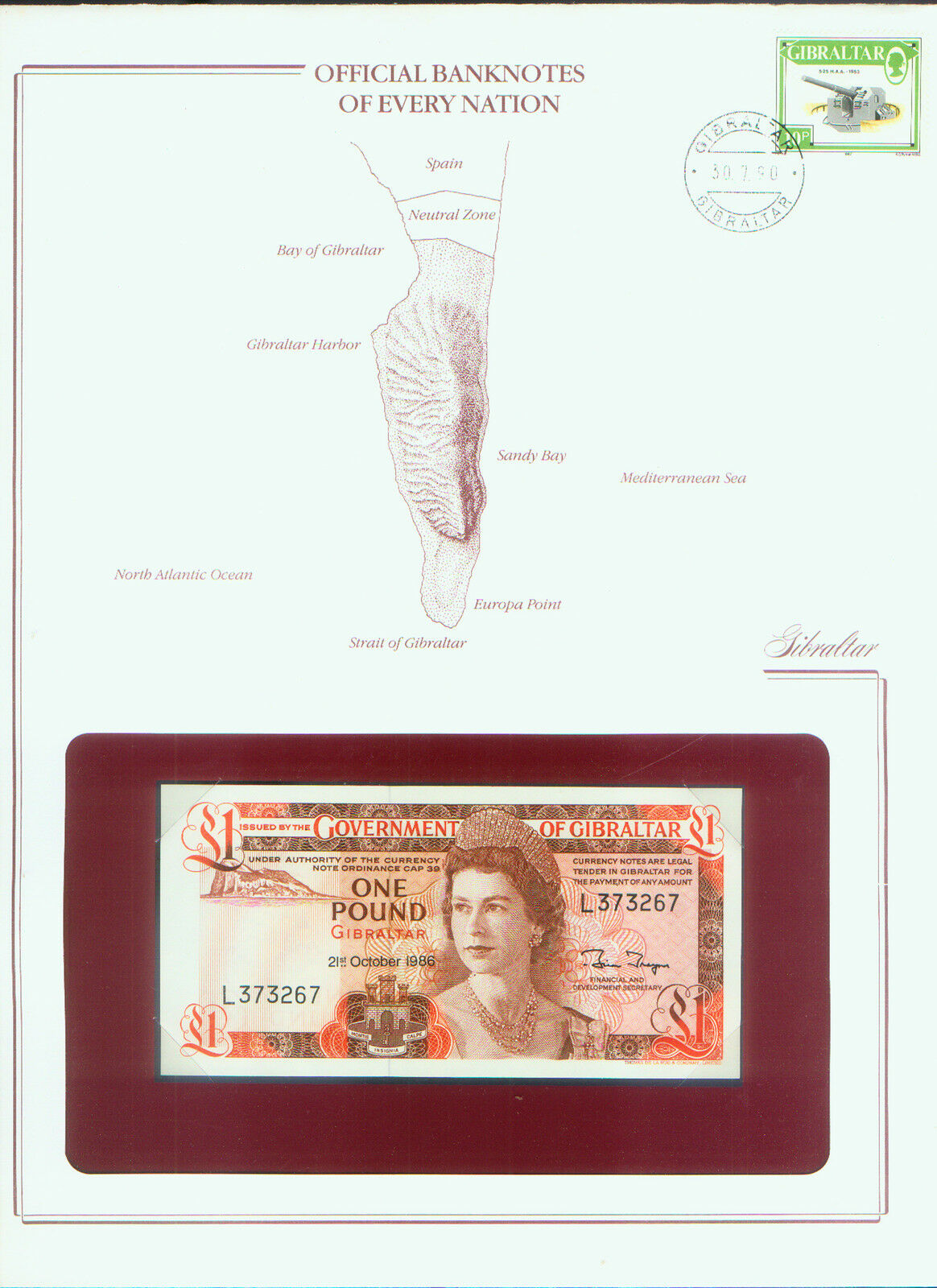 GIBRALTAR 1986 PICK# 20d BANK NOTE £1 STAMPED WINDOWED ENVELOPE with MAP & INFO