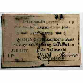 WWI GERMAN EAST AFRICA 1 RUPIE of 1917 SERIES 1P ROSENBERG # 601 CIRCULATED