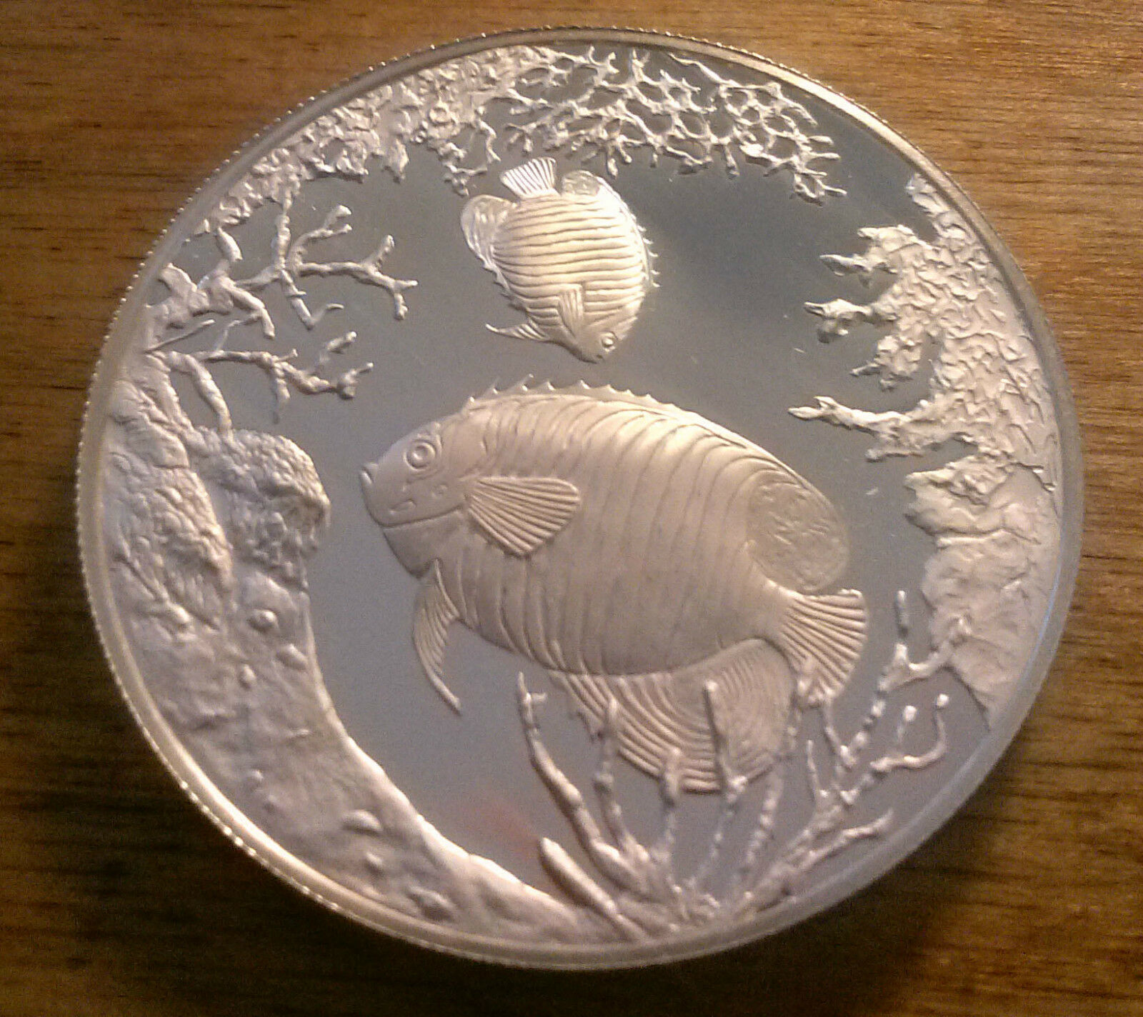 STUNNING QUEEN ANGEL FISH 20 CROWN SILVER PROOF COIN DATED 1999 TURKS & CAICOS