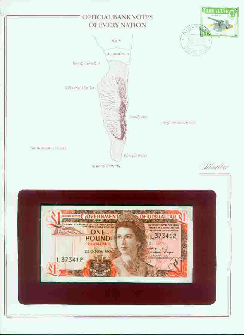 GIBRALTAR 1986 PICK# 20d BANK NOTE £1 STAMPED WINDOWED ENVELOPE with MAP & INFO