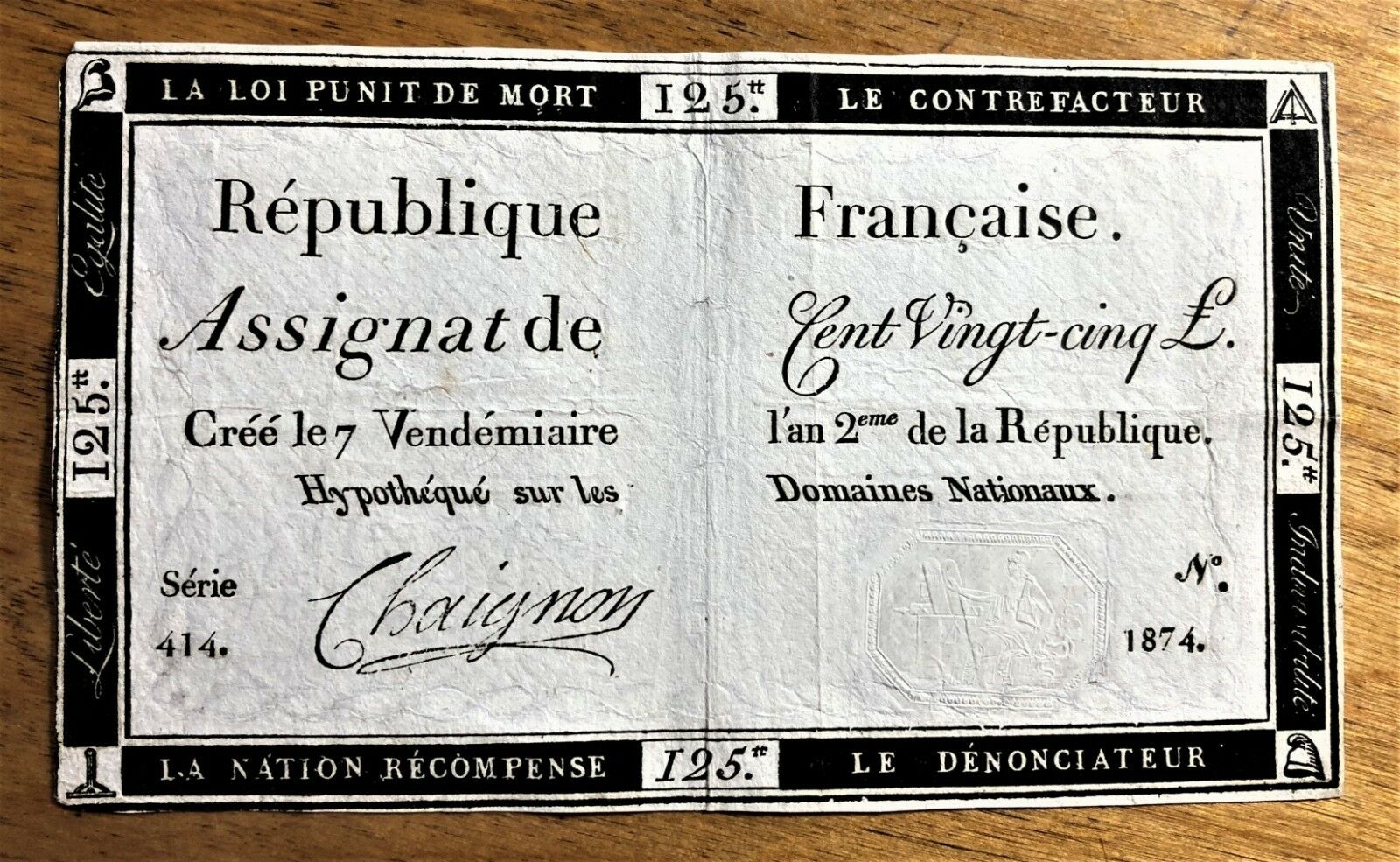 1793 France Revolution Assignat 125 Livres RADAR Series 414 Number 1874 P # A74