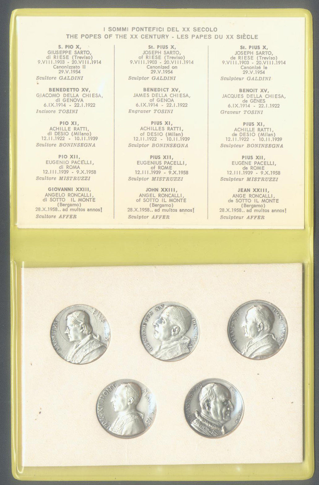 VATICAN  20th CENTURY POPES 2 DIFFERENT FOLIO SETS = 10 SILVER COLOR MEDALS UNC