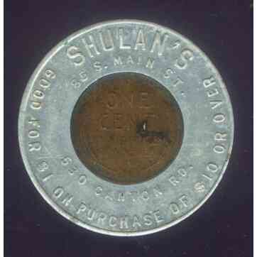 JUDAICA WORLD FAMOUS SHULAN JEWELERS of AKRON OHIO LUCKY PENNY ( 1955 D ) CIRC