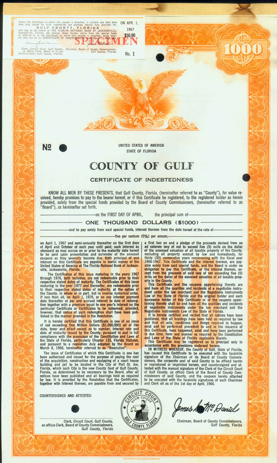 SPECIMEN 1 COUPON CIRCUIT COURT GULF COUNTY 1967 CERTIFICATE FLORIDA $1000