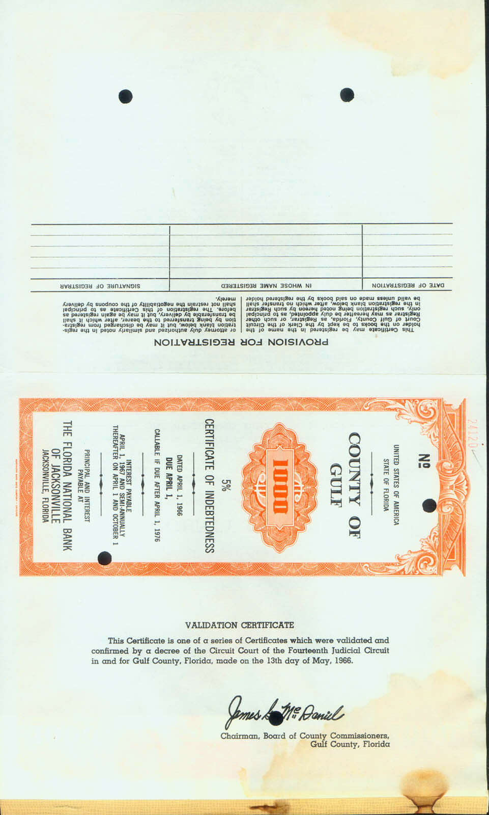 SPECIMEN 1 COUPON CIRCUIT COURT GULF COUNTY 1967 CERTIFICATE FLORIDA $1000