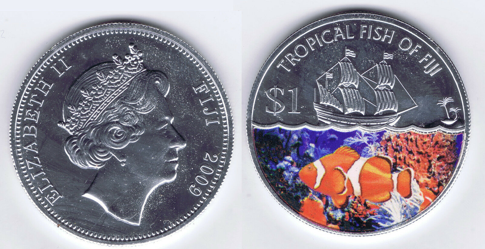 FIJI PROOF LIKE CLOWN FISH 2009 CU-NI with SILVER PLATE COLOR COIN ENCAPSULATED