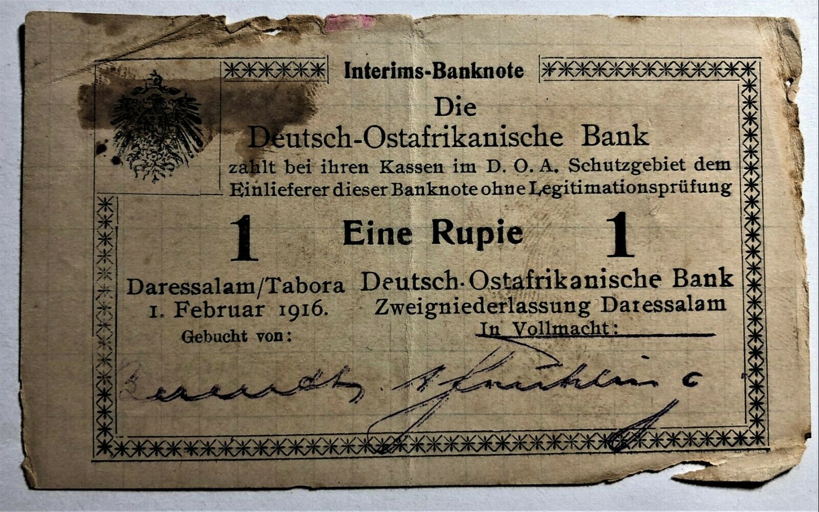 WWI GERMAN EAST AFRICA 1 RUPIE of 1916 SERIES Q3 ROSENBERG # 569 NOTE PAD PAPER