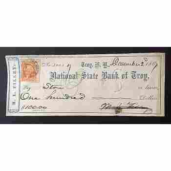 NATIONAL STATE BANK of TROY NY M.L. FILLEY (IRON STOVE MAKER) CHECK DATED 1867