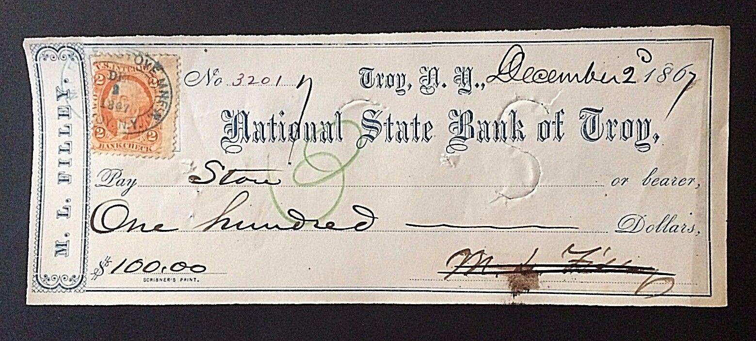 NATIONAL STATE BANK of TROY NY M.L. FILLEY (IRON STOVE MAKER) CHECK DATED 1867