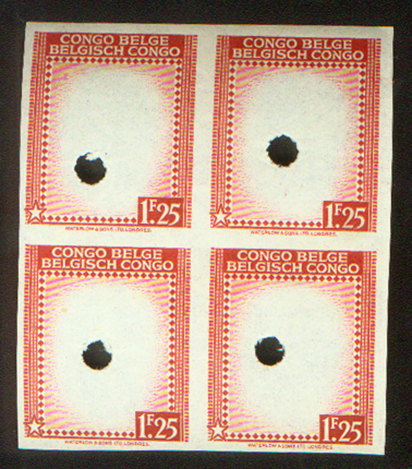BELGIAN CONGO 1F25 BLOCK PRINTER PROOFS by WATERLOW & SONS HOLE PUNCHED of 1942