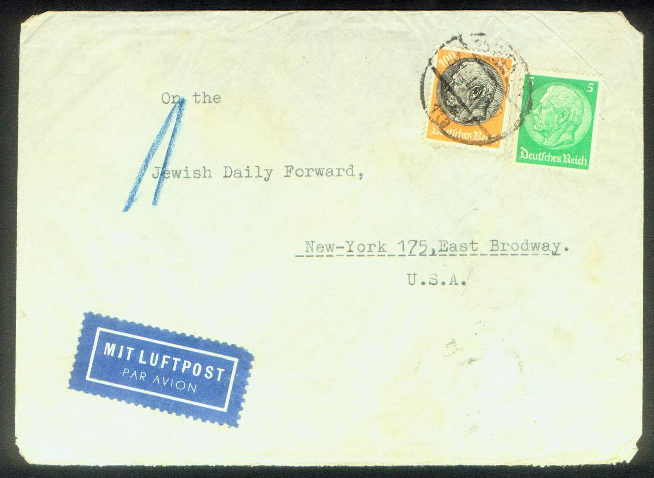 1940 VIENNA COVER with NAZI CENSOR STRIP to the JEWISH DAILY FORWARD in NEW YORK