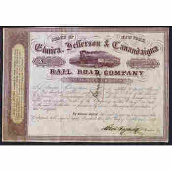 ELMIRA JEFFERSON & CANANDAIGUA RAIL ROAD COMPANY SHARE CERTIFICATE DATED 1859 NY