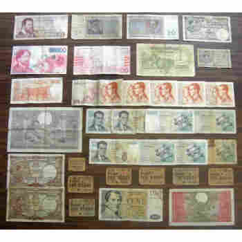 SPECTACULAR GROUP LOT of 27 GENUINE BELGIUM BANK NOTES + 7 WWII BREAD CHITS USED
