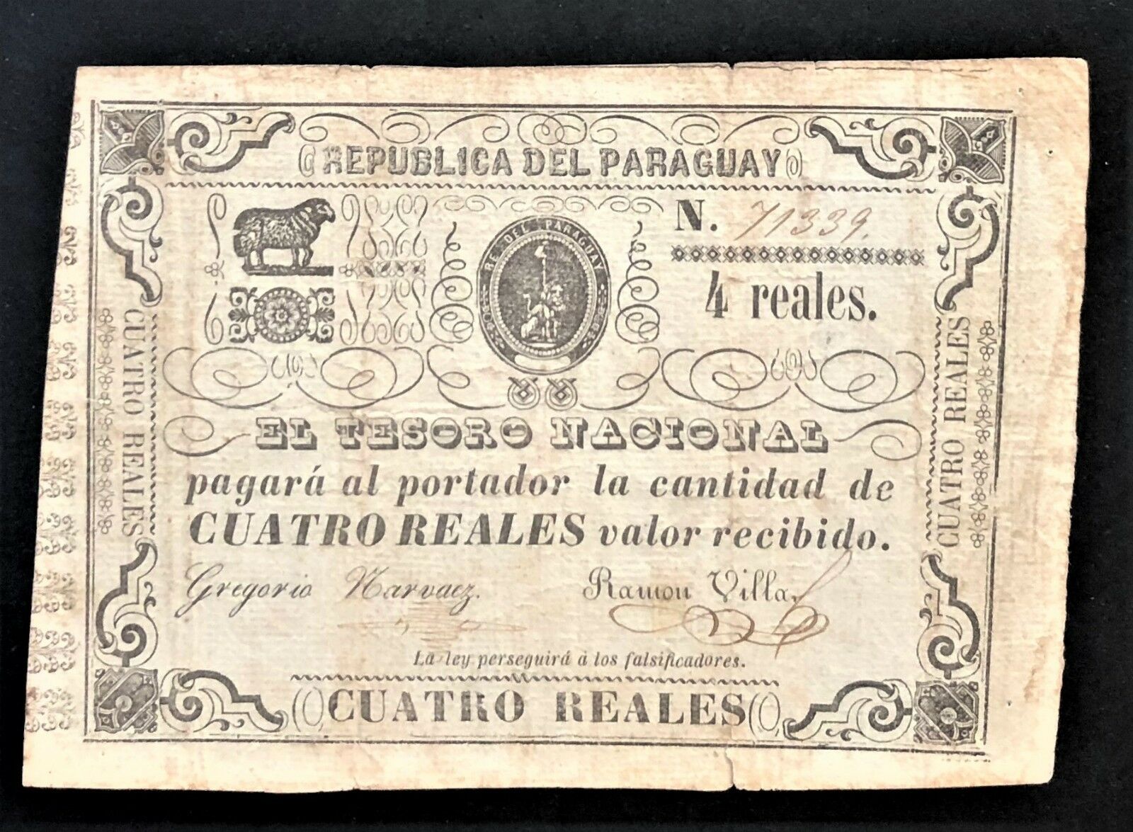 PARAGUAY 4 REALES (RAREST VALUE) of 1865 (WAR of the TRIPLE ALLIANCE) Pick # 20