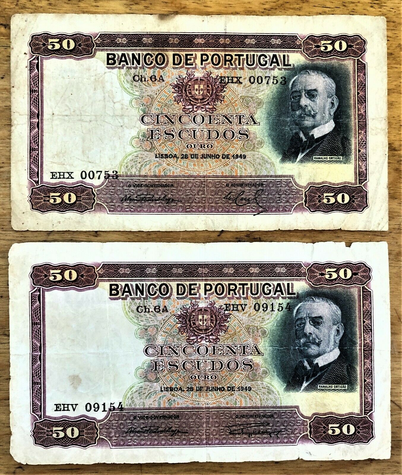 PORTUGAL 50 ESCUDOS of JUNE 28 1949 with 2 DIFFERENT SIGNATURES PICK # 154 CIRC