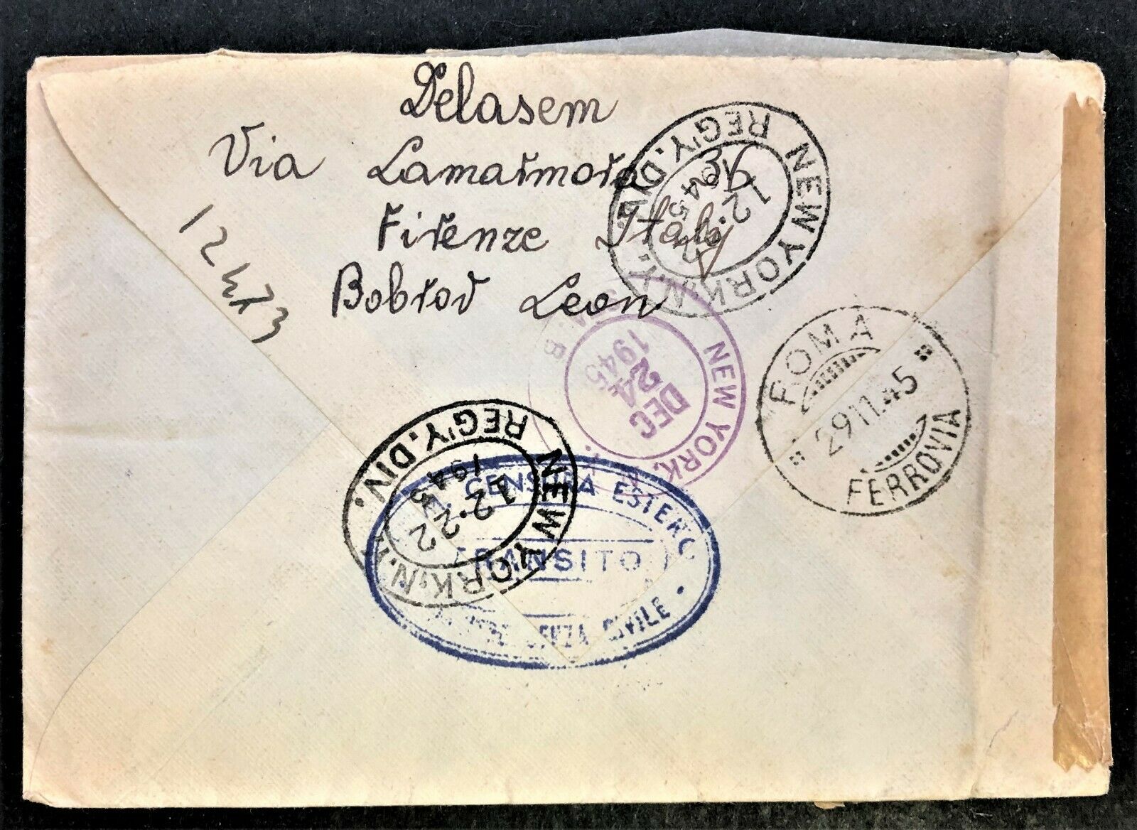 FIRENZE (FLORENCE) ITALY JEWISH DAILY FORWARD REGISTERED COVER DATED DEC 1945