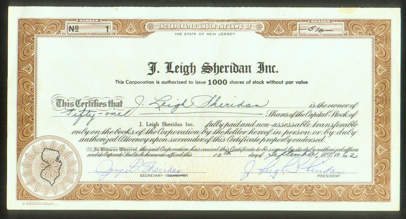J. LEIGH SHERIDAN INC. ( NJ ) CERTIFICATE # 1 / NAT'L HERO DOG HALL FORT MYERS
