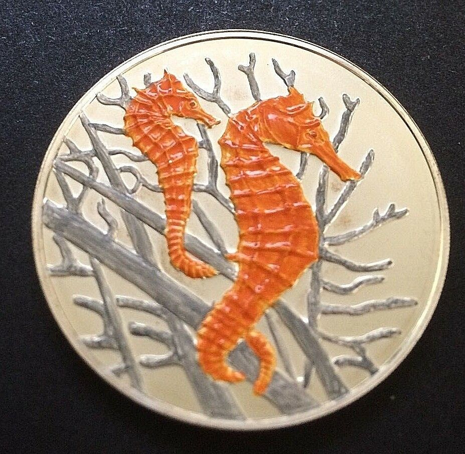 STUNNING COLOR SEA HORSES on TURKS & CAICOS 20 CROWN SILVER COIN of 1999 PROOF