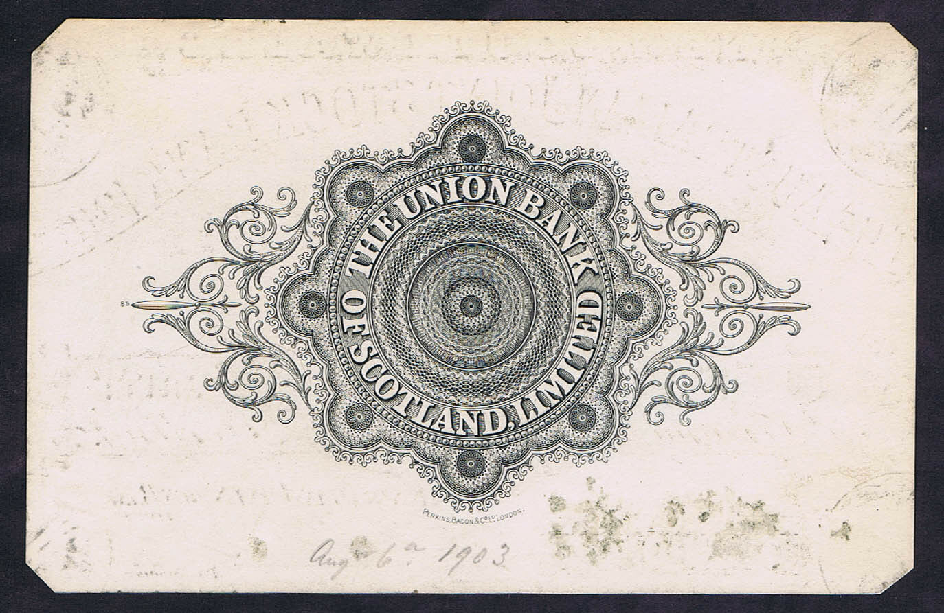 UNION BANK of SCOTLAND LTD £1 BACK PROOF HAND DATED AUG 6th 1903 on CARDSTOCK