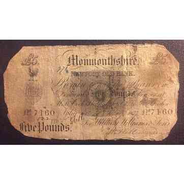 WALES MONMOUTHSHIRE NEWPORT OLD BANK £5 NOTE of 1837 SIGNED WILLIAMS CIRCULATED