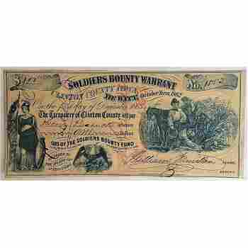 IOWA 1862 HENRY PEACOCK $1 SOLDIERS BOUNTY WARRANT SIGNED & EMBOSSED HI GRADE