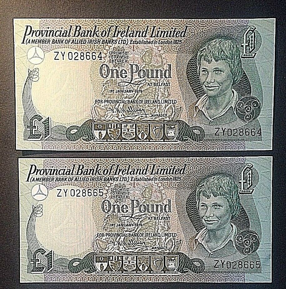 2 CONSECUTIVE PROVINCIAL BANK of IRELAND 1979 REPLACEMENT NOTES Pick # 247b XF