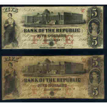 TWO ( 2 ) RHODE ISLAND BANK of the REPUBLIC $5 of 1855 with SAME SERIAL # 815 RI