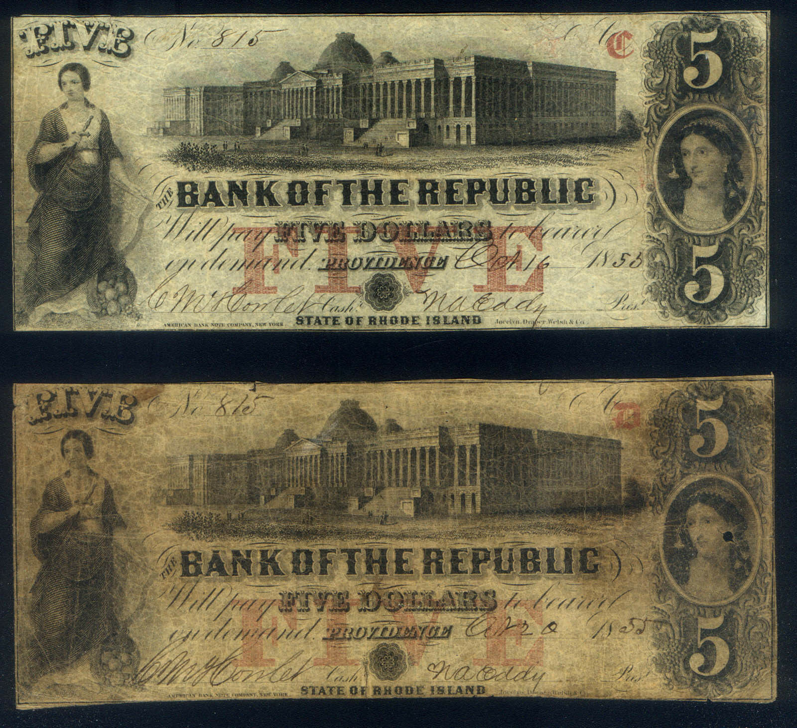 TWO ( 2 ) RHODE ISLAND BANK of the REPUBLIC $5 of 1855 with SAME SERIAL # 815 RI