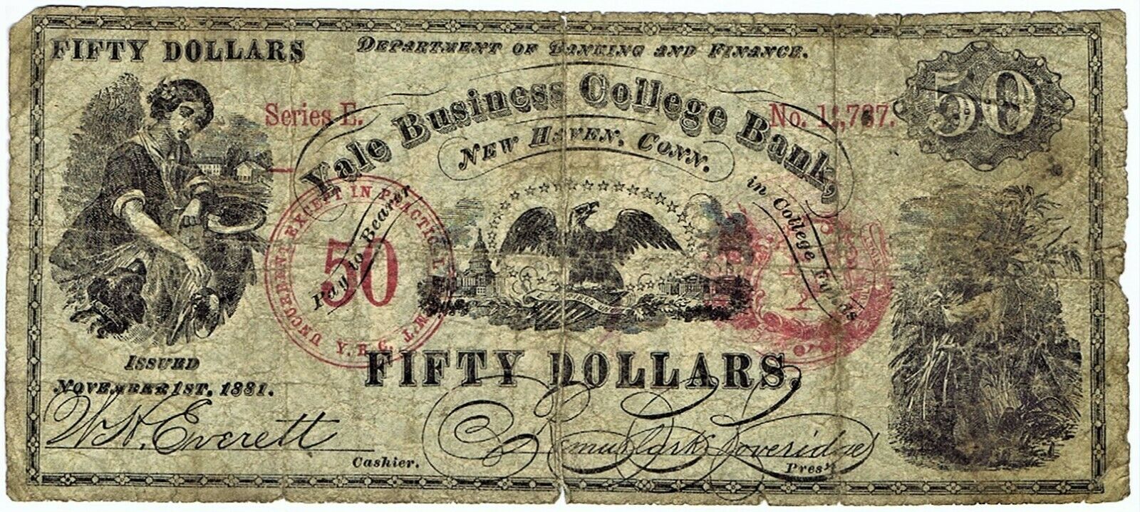 $50 YALE BUSINESS BANK (NEW HAVEN CT) of 1881 SCHINGOETHE CT-312-50 WELL CIRC