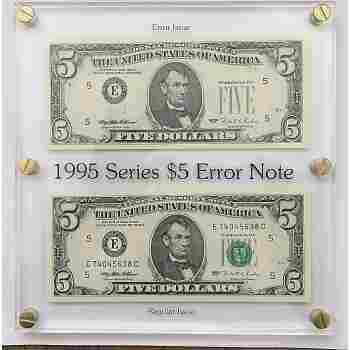 FRAMED $5 INKJET CLOG ERROR (& REGULAR) 1995 NOTES with PARTIALLY MISSING SERIAL