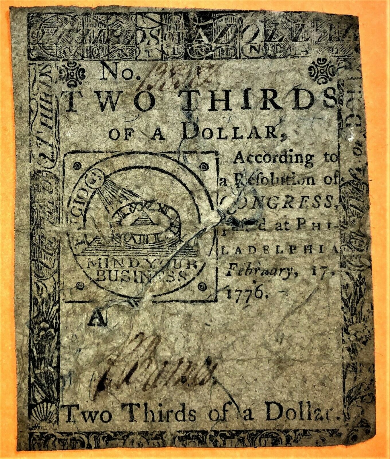 B FRANKLIN DESIGN $2/3 of 1776 PLATE A with LONG BLUE SECURITY THREADS - ERROR?
