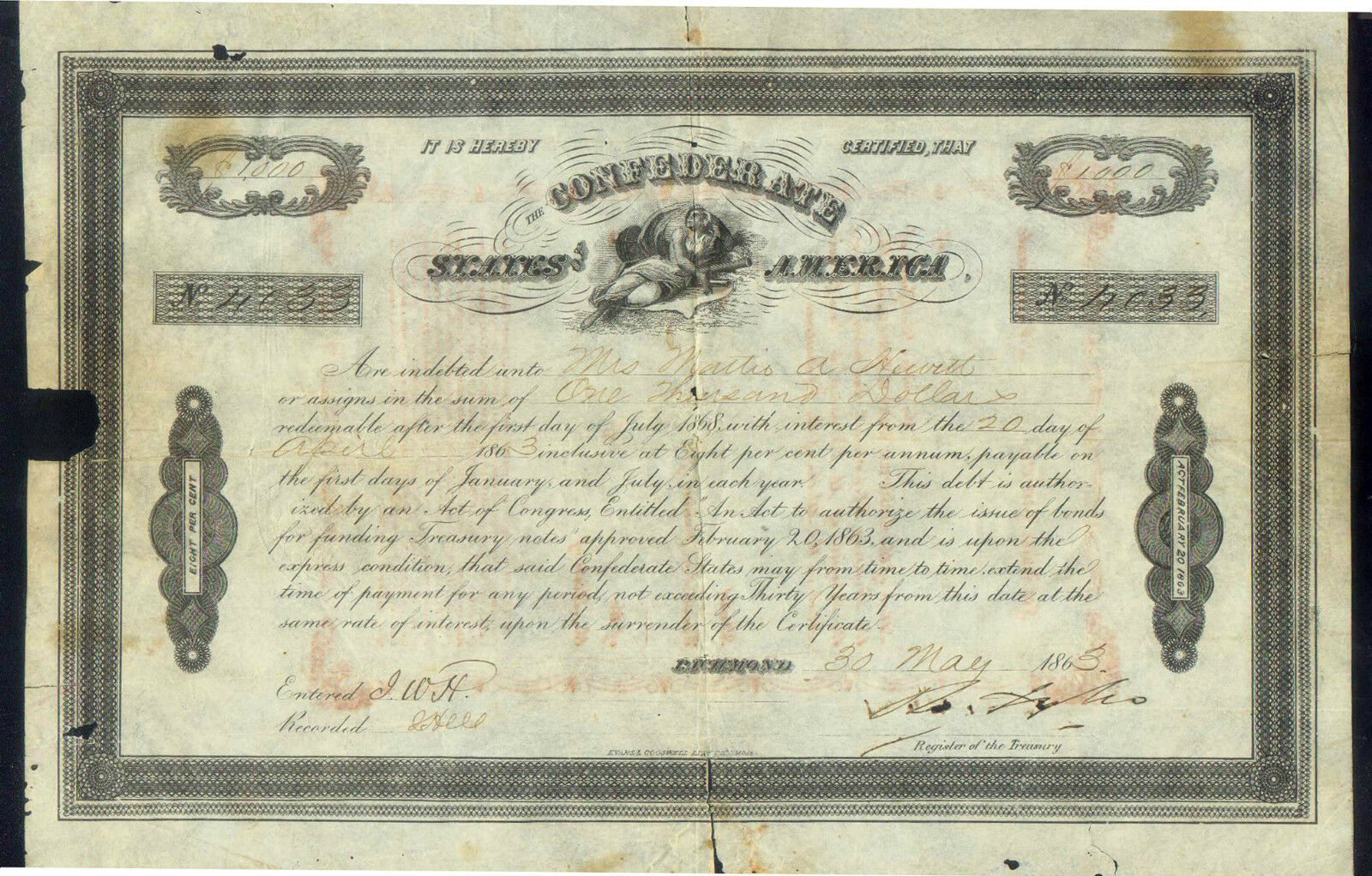 CONFEDERATE STATES of AMERICA $1000 HAND DENOMINATED STOCK 1863 SCIENCE # 4033