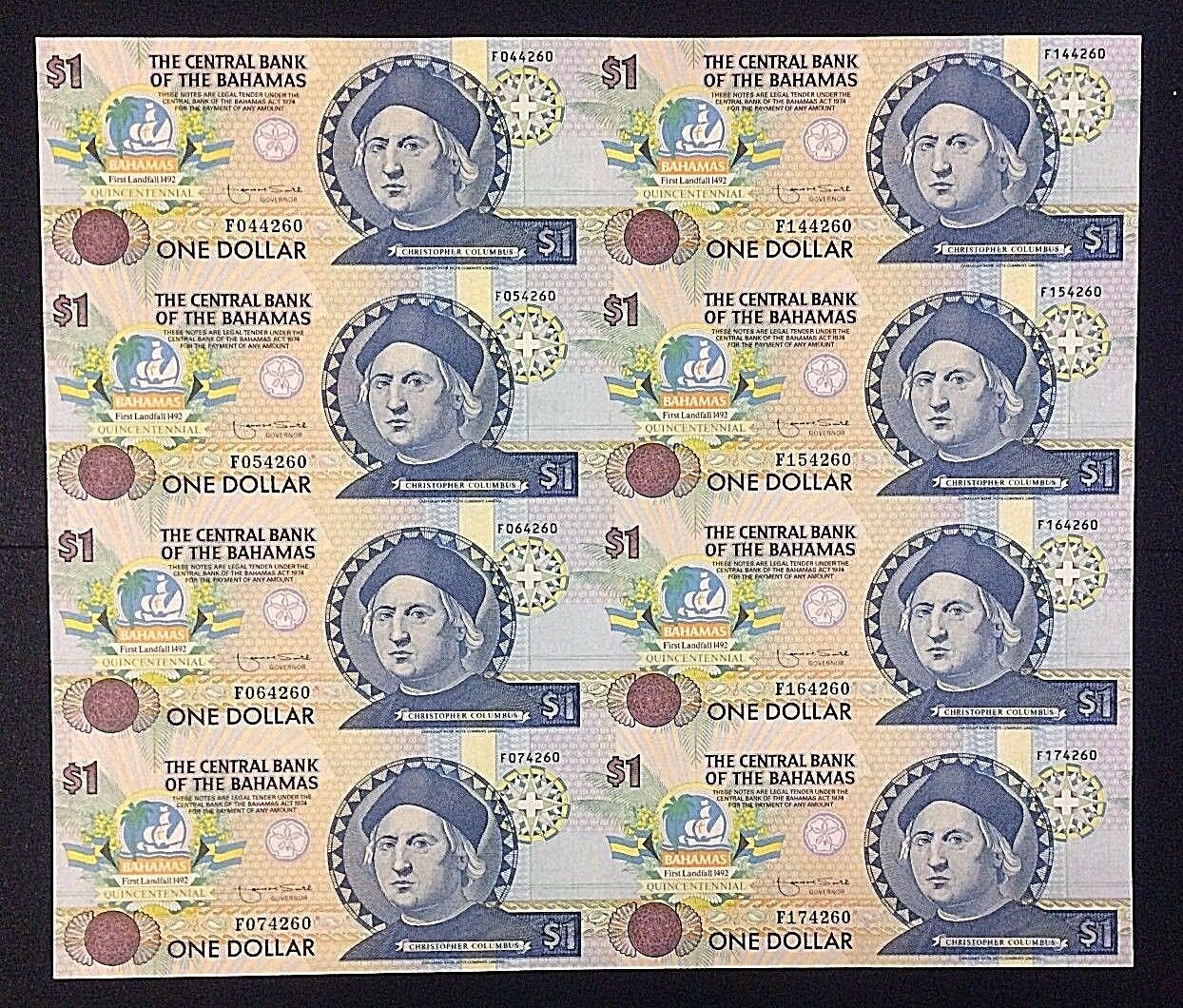 UNCUT SHEET of 8 BAHAMAS $1 COLUMBUS PICK 50 of 1992 in PRISTINE UNC CONDITION