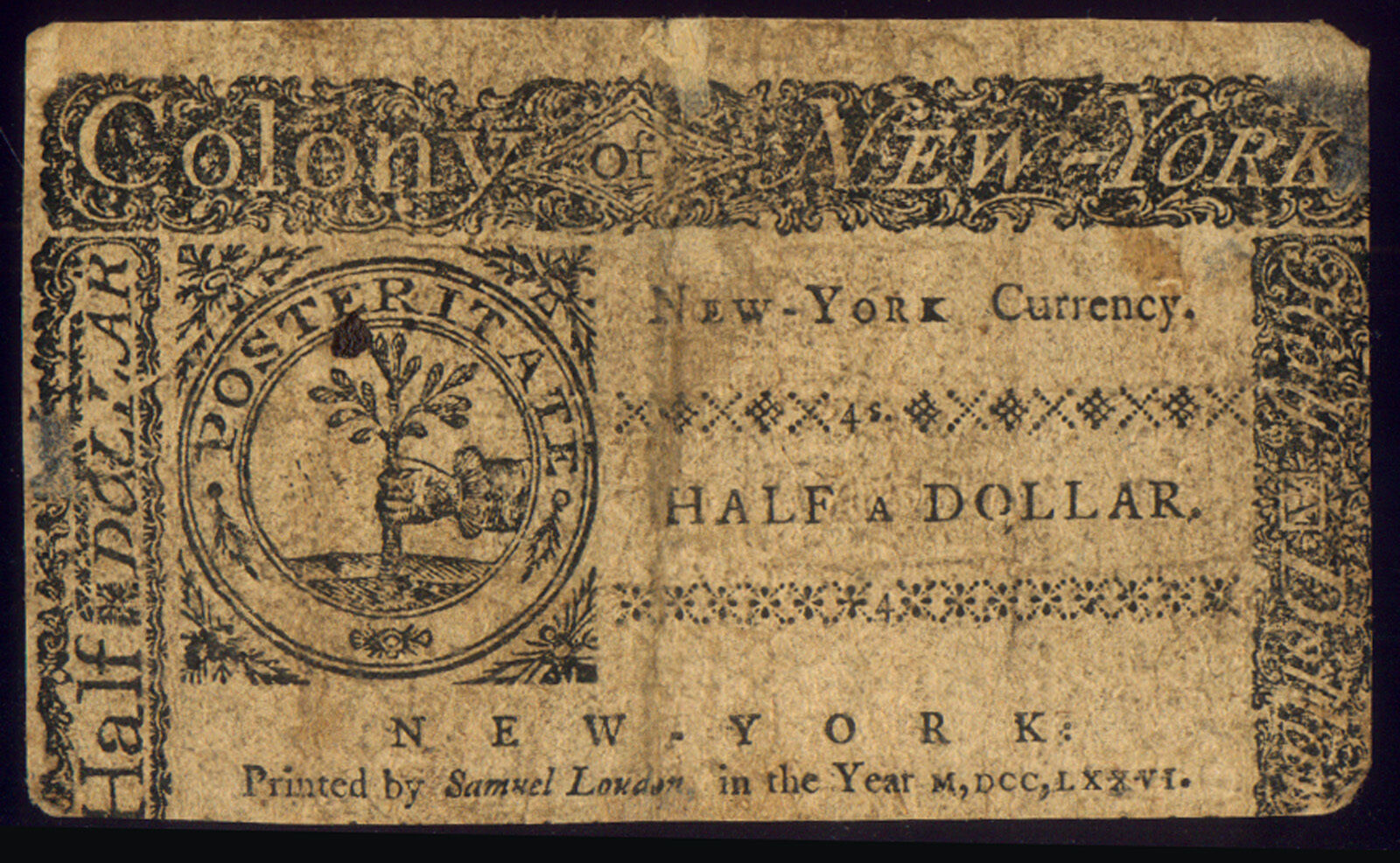 MARCH 1776 NEW YORK HALF ( SPANISH MILLED ) DOLLAR - PAPER BREAK ERROR CIRC USED