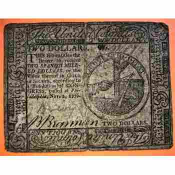 LAST CONTINENTAL $2 ISSUE of 1776 SIGNED by LT COL B. BRANNAN & BENJAMIN LEVY