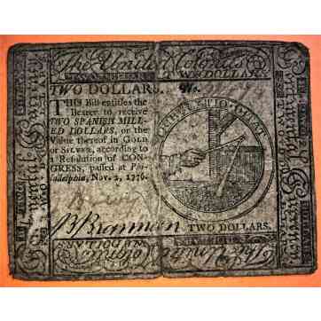 LAST CONTINENTAL $2 ISSUE of 1776 SIGNED by LT COL B. BRANNAN & BENJAMIN LEVY