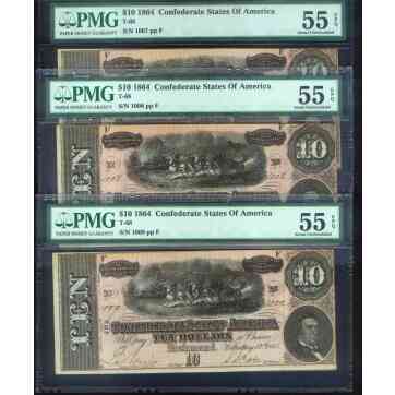 1864 CONFEDERATE CONSECUTIVE $10 #'s 1007  |  8 & 9 - F PLATE GRADED PMG 55 CSA