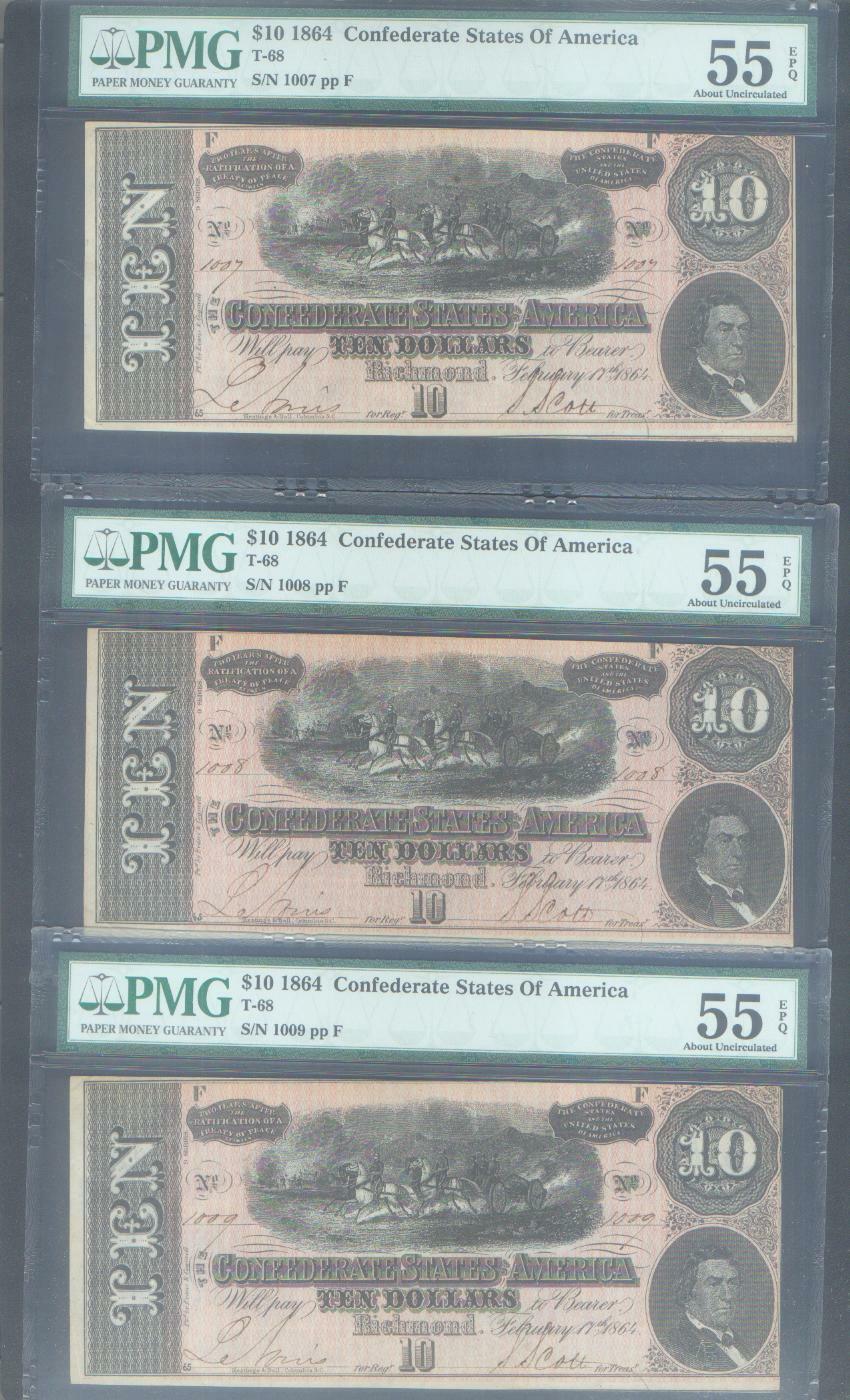 1864 CONFEDERATE CONSECUTIVE $10 #'s 1007  |  8 & 9 - F PLATE GRADED PMG 55 CSA
