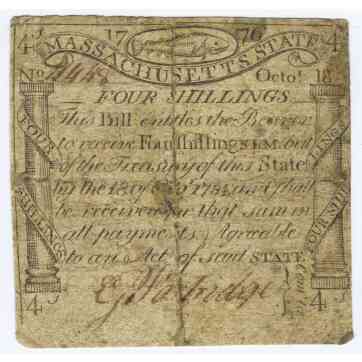 PAUL REVERE MADE MA. 4 SHS COD FISH NOTE of 1776 PARTRIDGE CONTINENTAL CONGRESS