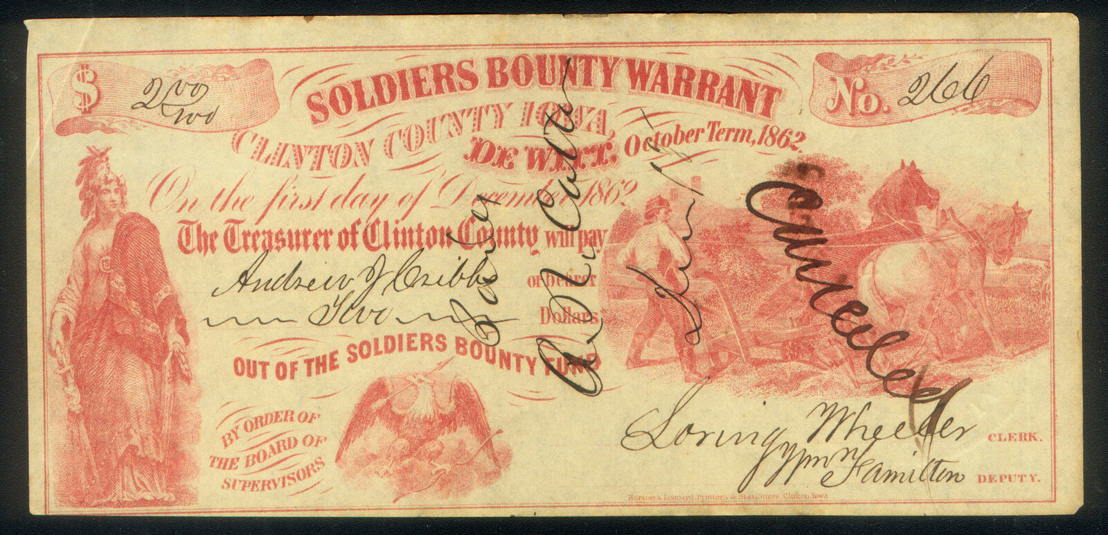 IOWA 1862 ANDREW J. CRIBBS $2 SOLDIERS BOUNTY WARRANT SIGNED & EMBOSSED HI GRADE