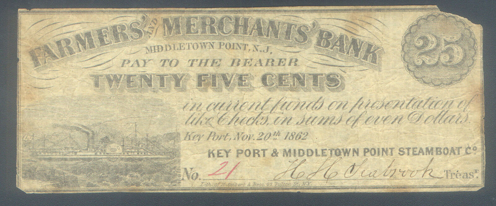 SHEET of FARMERS & MERCHANTS BANK 25¢ KEY PORT & MIDDLETOWN PT STEAMBOAT NJ 1862