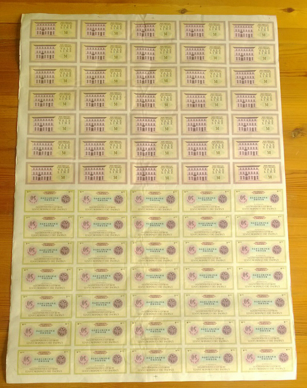 ITALY ASSEGNI BANKNOTES 50 LIRE SHEET of 70 from PRATO & MANDAMENTO XMAS NEWYEAR